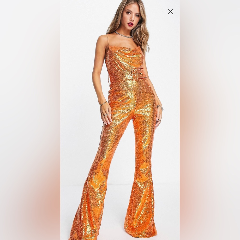 ASOS Disco Vegas Orange Sequin Jumpsuit 70’s Size 4